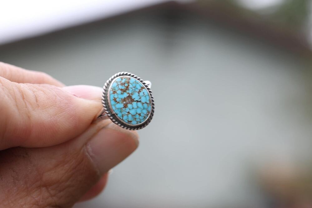 Navajo S Silver Turquoise Ring 7.75 Attributed Jerryson Henio, Running Bear Shop